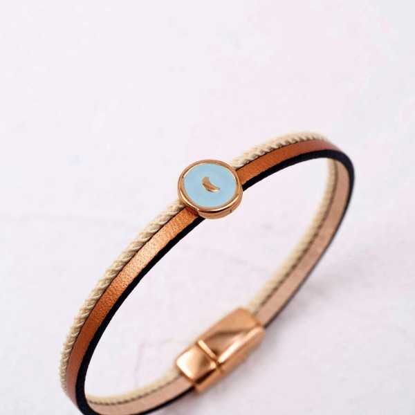 Leather bracelet with enamelled metal round part Handmade leather bracelet with rose gold-plated metal parts and enamel