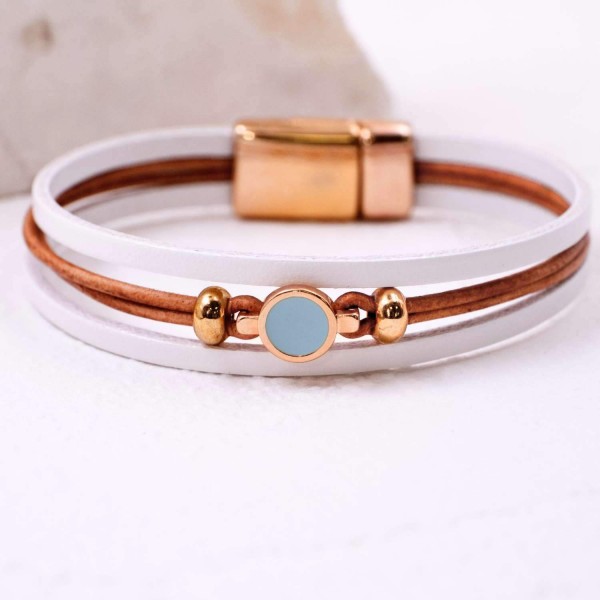 Leather bracelet with enamelled metal round part Handmade leather bracelet with rose gold-plated metal parts and enamel