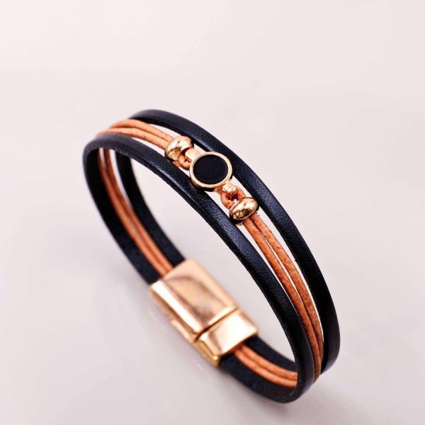 Leather bracelet with enamelled metal round part Handmade leather bracelet with rose gold-plated metal parts and enamel