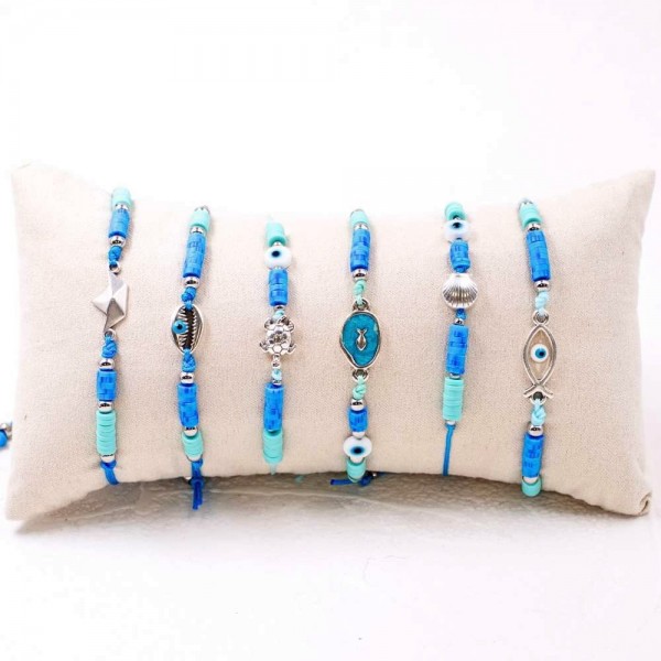 Blue Ocean Set of 6 Macrame Bracelets Set of 6 handmade bracelets with silver-plated parts, acrylic beads and enamel