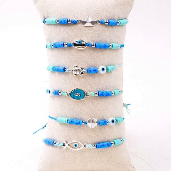 Blue Ocean Set of 6 Macrame Bracelets Set of 6 handmade bracelets with silver-plated parts, acrylic beads and enamel