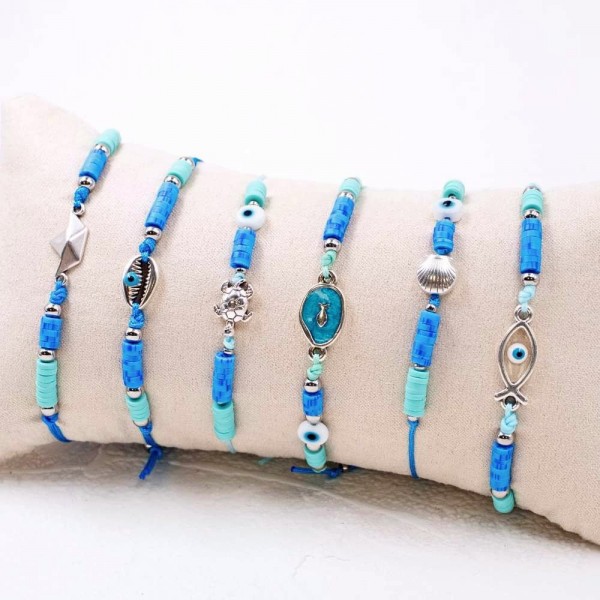Blue Ocean Set of 6 Macrame Bracelets Set of 6 handmade bracelets with silver-plated parts, acrylic beads and enamel