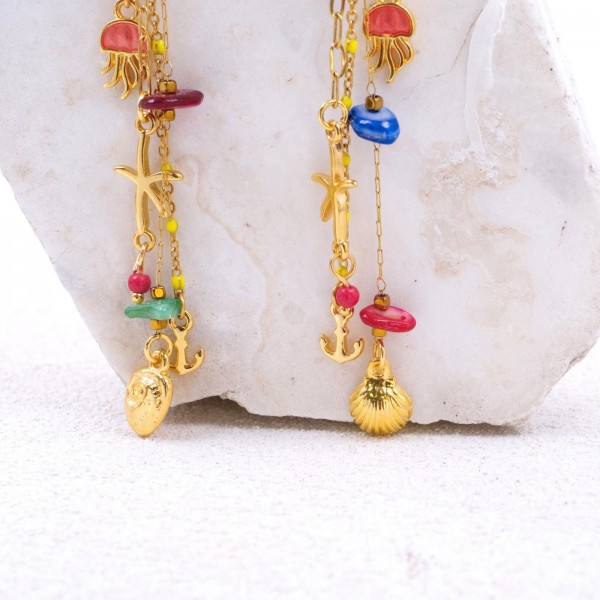 Dangle Earrings with sea bottom parts Dangle gold-plated earrings made of chains and sea bottom parts