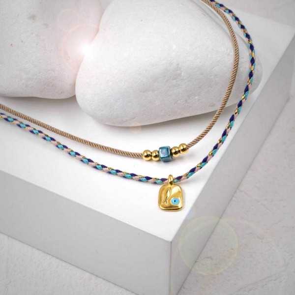 Fish Evil Eye Short Necklace Handmade necklace made of cord with enamel, ceramic and gold-plated parts