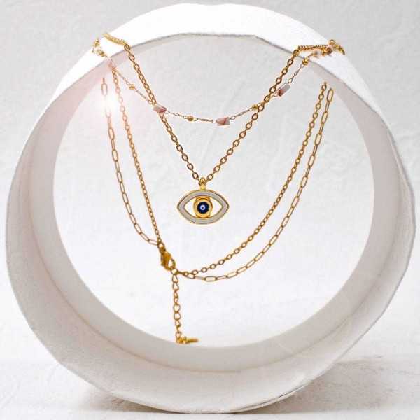 Διπλό Κολιέ Enamel Eye Xειροποίητo διπλό κολιέ με ημιπολύτιμες πέτρες, μάτι από σμάλτο και επίχρυσα στοιχεία