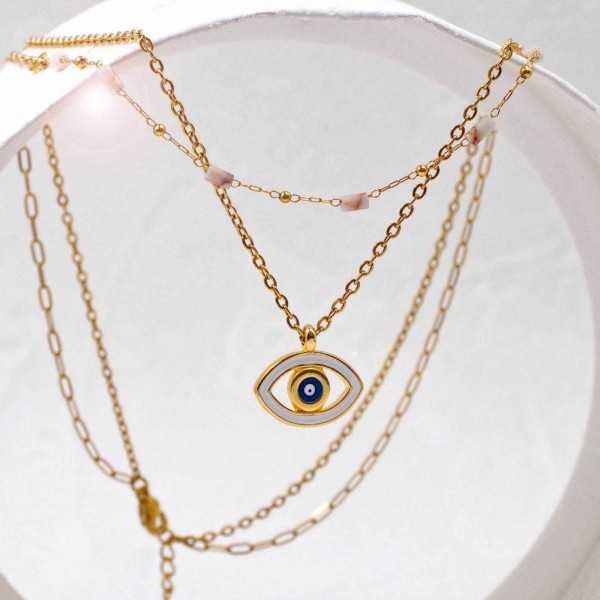 Διπλό Κολιέ Enamel Eye Xειροποίητo διπλό κολιέ με ημιπολύτιμες πέτρες, μάτι από σμάλτο και επίχρυσα στοιχεία