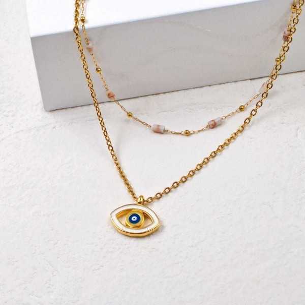 Διπλό Κολιέ Enamel Eye Xειροποίητo διπλό κολιέ με ημιπολύτιμες πέτρες, μάτι από σμάλτο και επίχρυσα στοιχεία