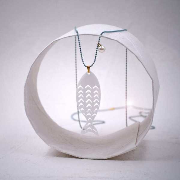 Handmade long necklace made of bold chain with plexiglass fish and pearl