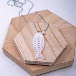 Handmade long necklace made of bold chain with plexiglass fish and pearl