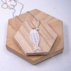 Handmade long necklace made of bold chain with plexiglass fish and pearl