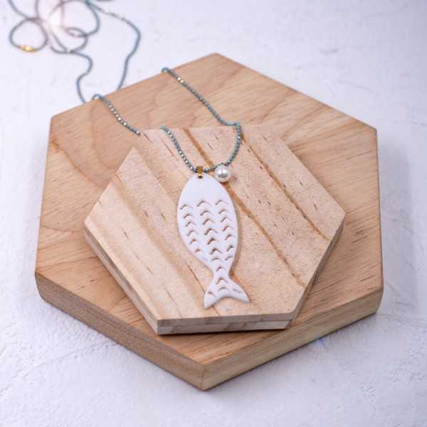 Handmade long necklace made of bold chain with plexiglass fish and pearl
