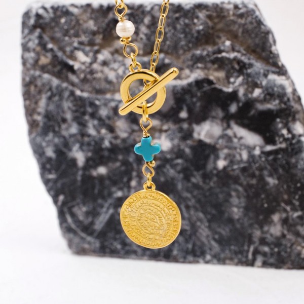 Necklace with Phaistos Disc and Cross Handmade short necklace with gold-plated Phaistos disc, cross and pearl