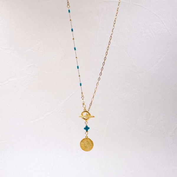 Necklace with Phaistos Disc and Cross Handmade short necklace with gold-plated Phaistos disc, cross and pearl