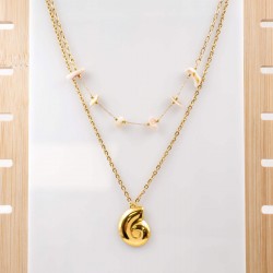 Layered Necklace with Gold-plated Shell Handmade necklace made of stainless steel chain and gold-plated shell
