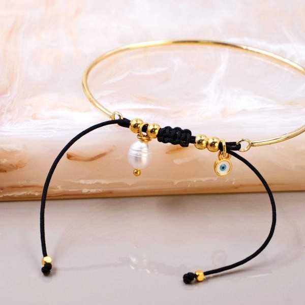 Rod bracelet with gold-plated enamelled evil eye and fresh water pearl Handmade rod bracelet with gold-plated enamelled evil eye and fresh water pearl