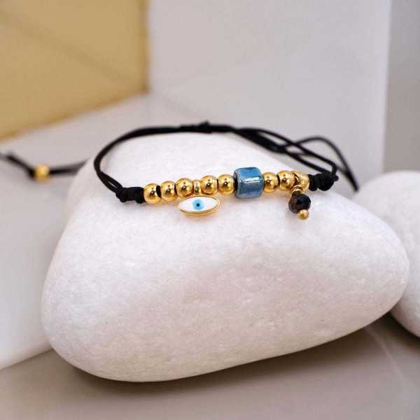 Macrame bracelet with gold-plated enamelled evil eye Handmade macrame bracelet with gold-plated enamelled evil eye