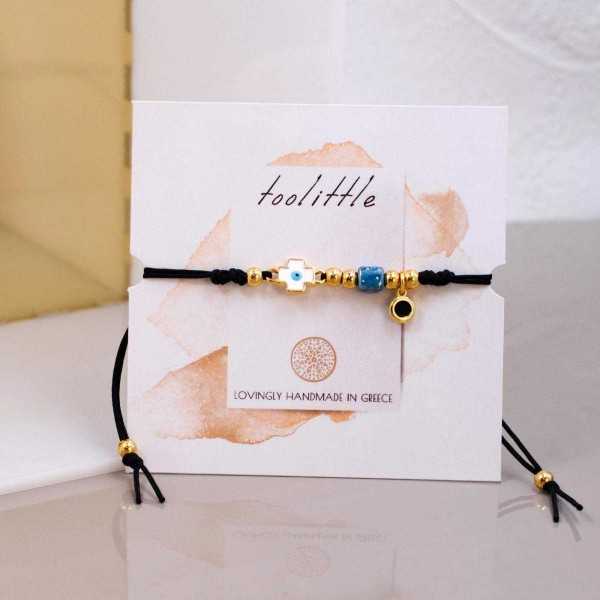 Macrame bracelet with gold-plated enamelled evil eye cross Handmade macrame bracelet with gold-plated enamelled evil eye cross