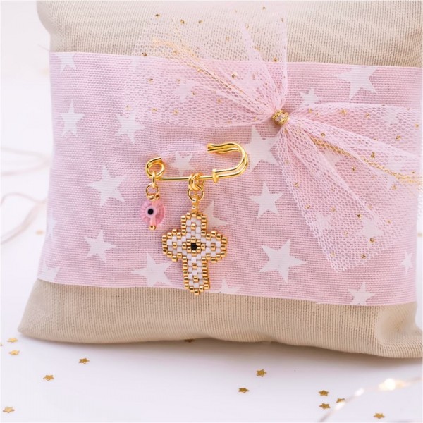 Handmade talisman pillow for Newborn baby-Girl with Miyuki Beaded Cross
