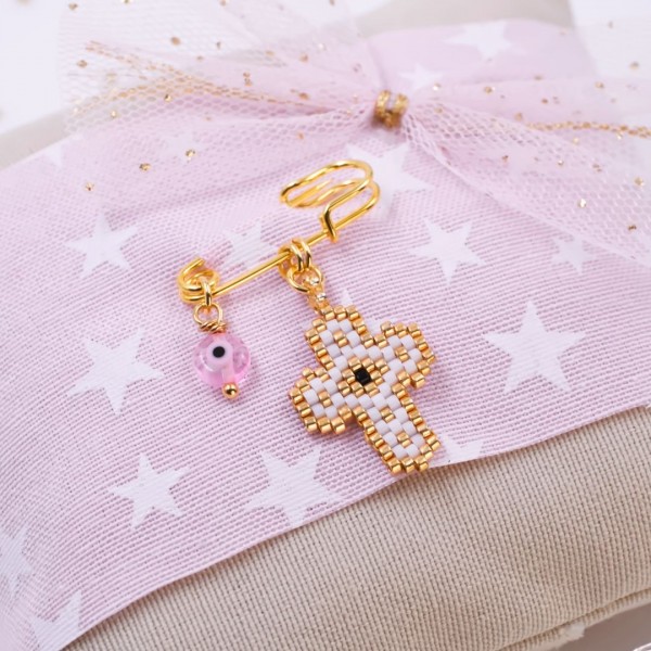 Handmade talisman pillow for Newborn baby-Girl with Miyuki Beaded Cross
