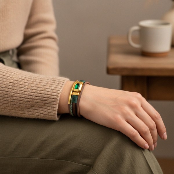 Leather Bracelet with Enamelled Polished Part Leather bracelet with metal details in gold-plating