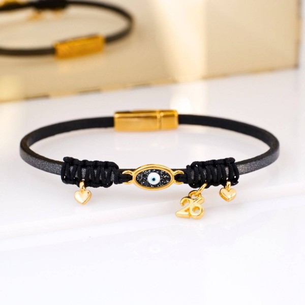 Leather 2026 lucky bracelet with metal evil eye in gold-plating
