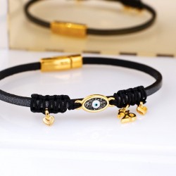 Leather 2026 lucky bracelet with metal evil eye in gold-plating