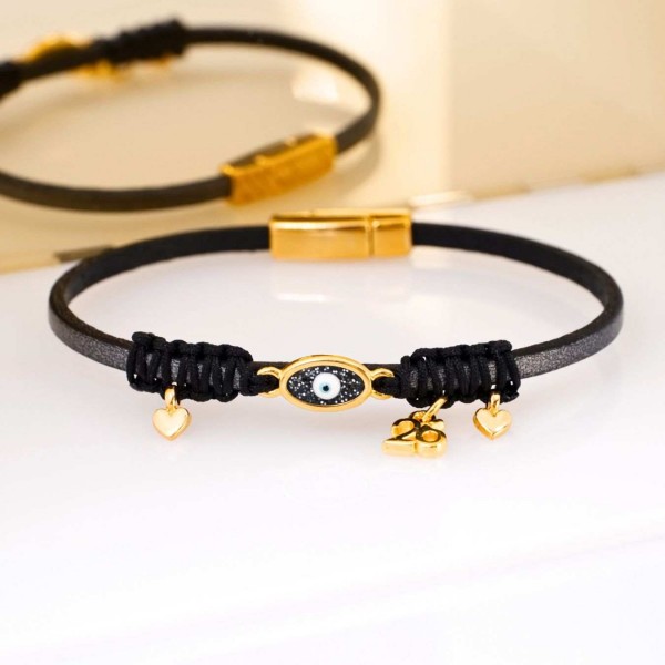 Leather 2026 lucky bracelet with metal evil eye in gold-plating