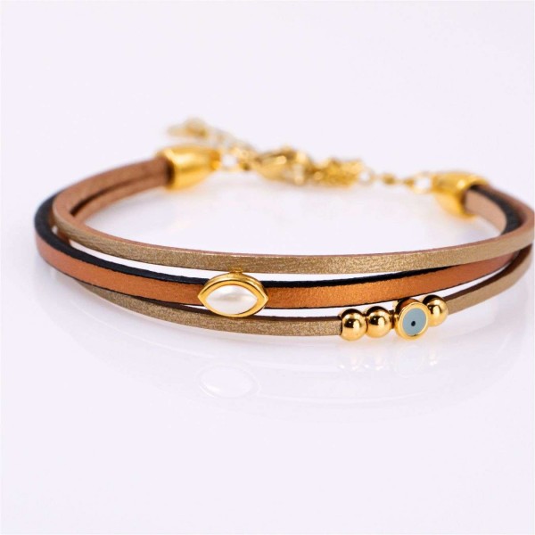 Leather 2026 lucky bracelet with enamelled evil eye and Pearl