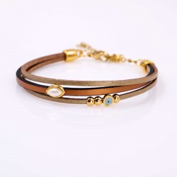 Leather 2026 lucky bracelet with enamelled evil eye and Pearl