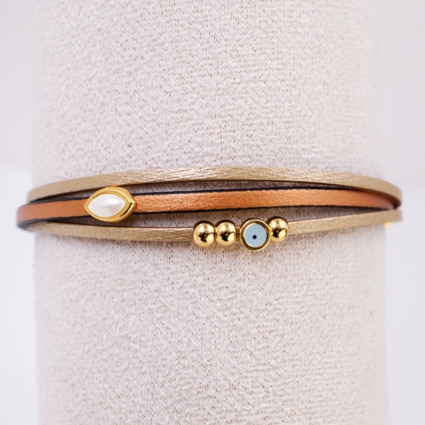Leather 2026 lucky bracelet with enamelled evil eye and Pearl