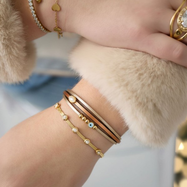 Leather 2026 lucky bracelet with enamelled evil eye and Pearl