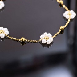 Stainless Steel Jewelry: Βραχιόλι Αλυσίδα με Μαργαρίτες από Πέρλες Βραχιόλι Αλυσίδα από ανοξείδωτο ατσάλι με επιμετάλλωση 24Κ χρυσού και πέρλες