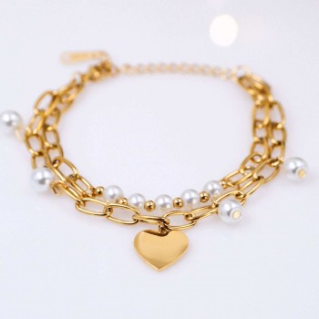 Stainless Steel Jewelry: Διπλό Βραχιόλι Καρδιά & Πέρλες