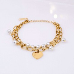 Stainless Steel Jewelry: Βραχιόλι Γούρι Καρδιά & Πέρλες Διπλό επίχρυσο βραχιόλι από ανοξείδωτο ατσάλι με καρδιά και πέρλες