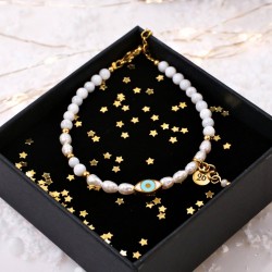 Steel Lucky 2026 Bracelet - Mother of Pearl, Fresh Water Pearls & Evil Eye Handmade Lucky Bracelet with Mother of Pearl, Fresh Water Pearls and Enamel Eye