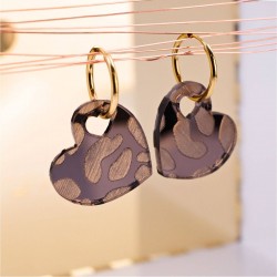 Gold-Plated Earrings - Stainless Steel and Animal Print Hearts Hoop Earrings of stainless steel in gold plating with Animal Print plexiglass hearts