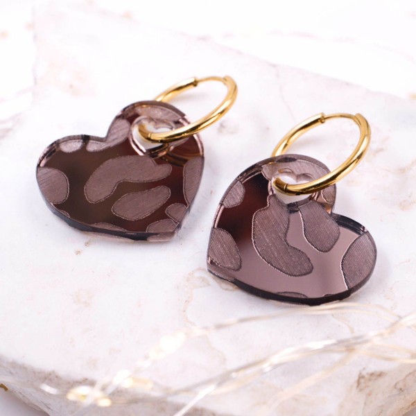 Gold-Plated Earrings - Stainless Steel and Animal Print Hearts Hoop Earrings of stainless steel in gold plating with Animal Print plexiglass hearts