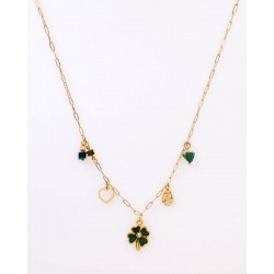 Ατσάλινο Κολιέ Charms - Τετράφυλλο Τριφύλλι & Μαλαχίτης Κολιέ αλυσίδα με charms από ανοξείδωτο ατσάλι και επιχρύσωση 24Κ