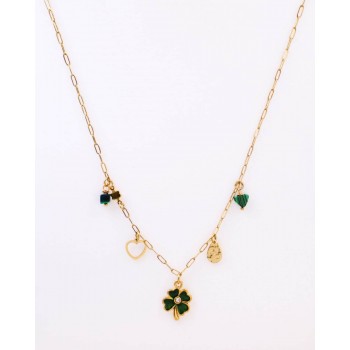 Steel Charms Necklace - Four Leaf Clover & Malachite Steel Charms Necklace - Four Leaf Clover & Malachite