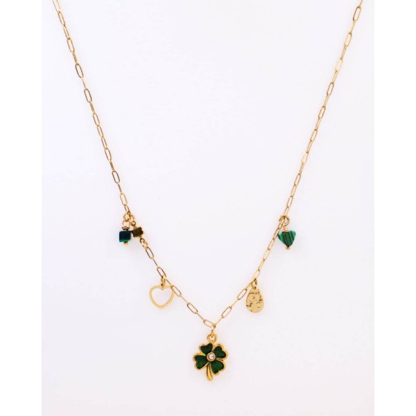 Steel Charms Necklace - Four Leaf Clover & Malachite Chain necklace with metal charms of stainless steel and 24K Gold plating