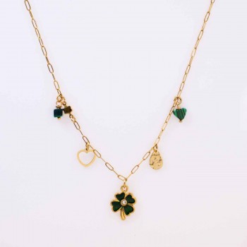 Steel Charms Necklace - Four Leaf Clover & Malachite Steel Charms Necklace - Four Leaf Clover & Malachite