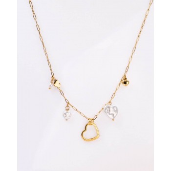 Steel Charms Necklace - Metal Heart & Mother of Pearl Steel Charms Necklace - Metal Heart & Mother of Pearl