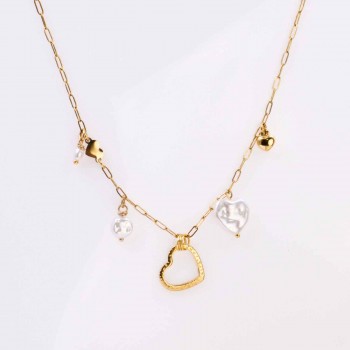 Steel Charms Necklace - Metal Heart & Mother of Pearl Steel Charms Necklace - Metal Heart & Mother of Pearl