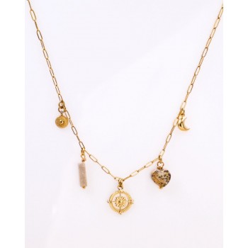 Steel Charms Necklace - Metal Compass & Agate Steel Charms Necklace - Metal Compass & Agate