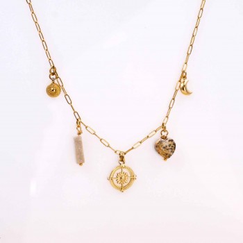 Steel Charms Necklace - Metal Compass & Agate Steel Charms Necklace - Metal Compass & Agate