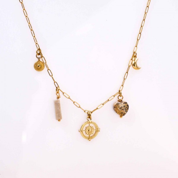 Chain necklace with metal charms of stainless steel and 24K Gold plating