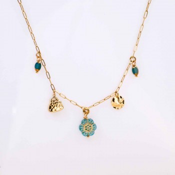 Steel Charms Necklace - Metal Flower & Enamel Steel Charms Necklace - Metal Flower & Enamel