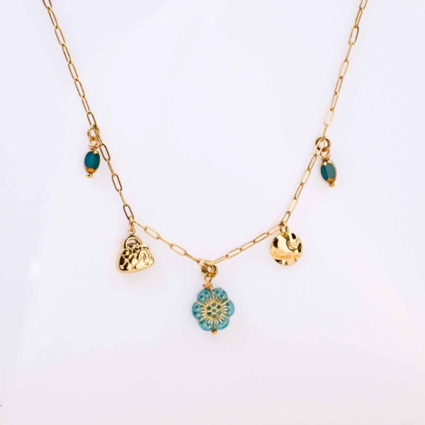 Steel Charms Necklace - Metal Flower & Enamel Chain necklace with metal charms of stainless steel and 24K Gold plating