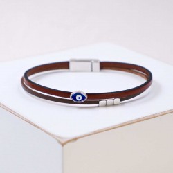 Leather Men's Bracelet |Metal Enamelled Evil Eye Leather men's bracelet with metallic silver-plated parts and enamelled evil eye