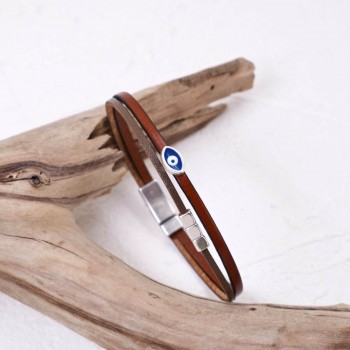 Δερμάτινο Ανδρικό Βραχιόλι | Μεταλλικό Επάργυρο Μάτι από Σμάλτο